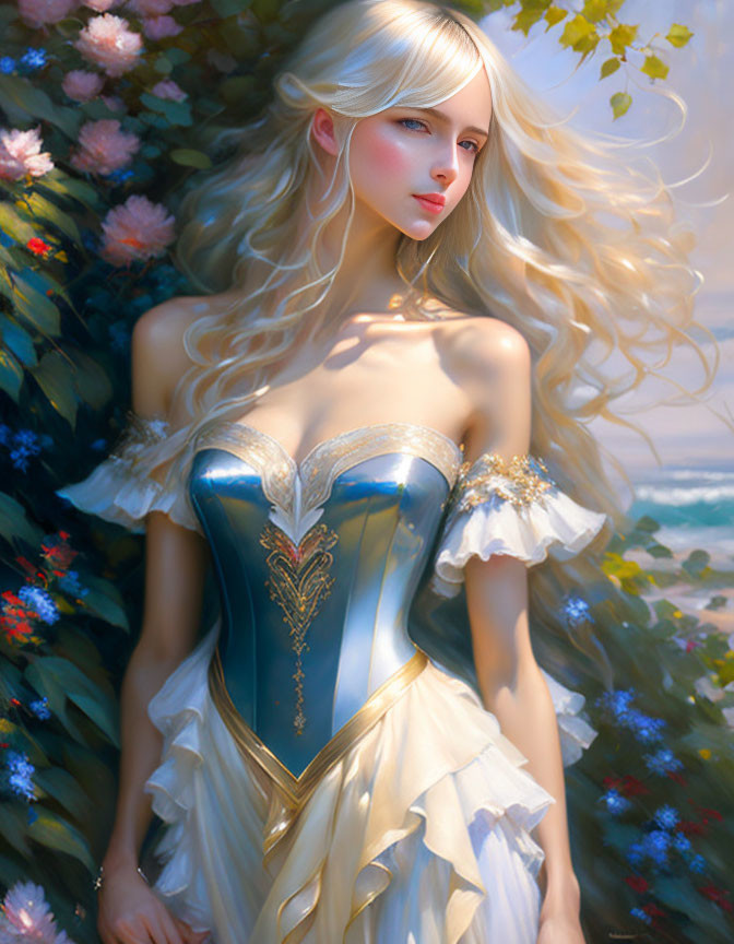 Blonde woman in ornate corset dress among nature.