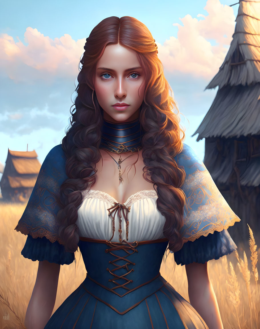 Digital artwork: Woman with long curly hair, blue eyes, historical dress, lace details, in front