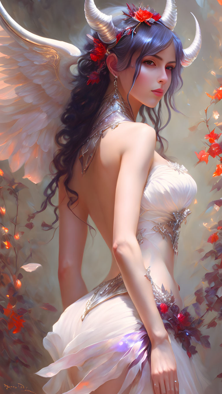 Fantastical female figure with horns and wings in dreamy red flower backdrop