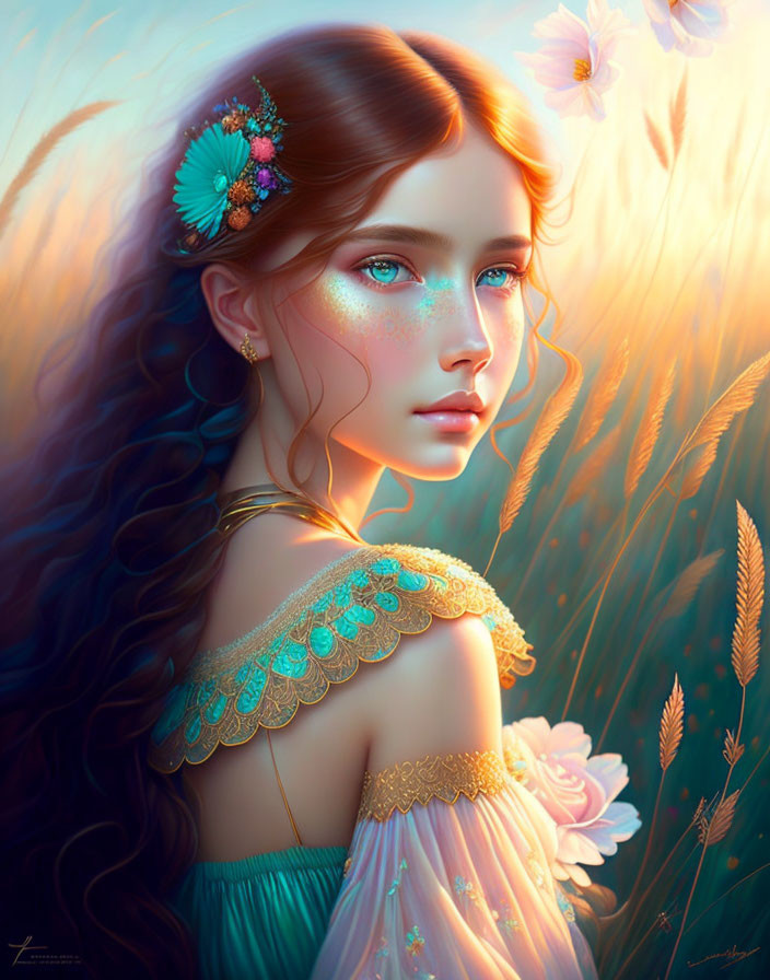Surreal portrait of woman with flowing hair in sunset field