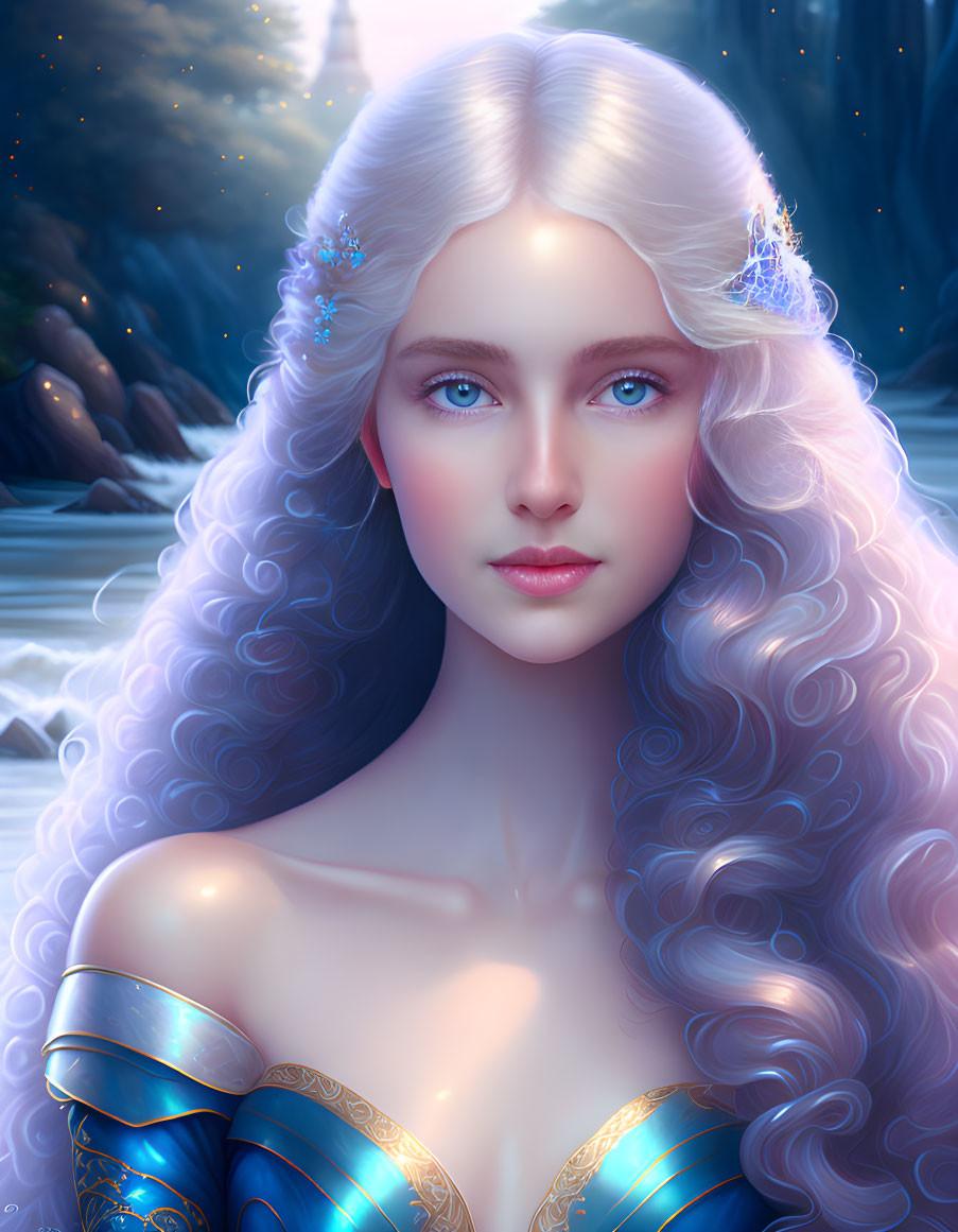 Fantasy digital portrait of a woman with silver hair and blue eyes