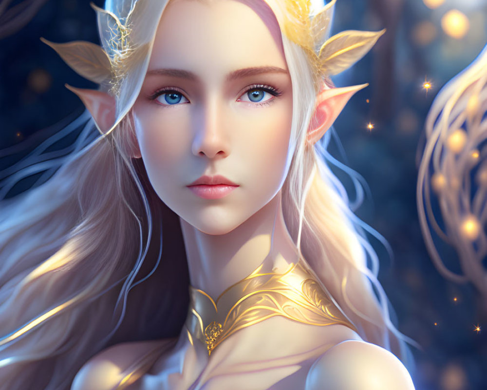 Ethereal elf in golden armor with leaf-shaped earrings in a blue forest