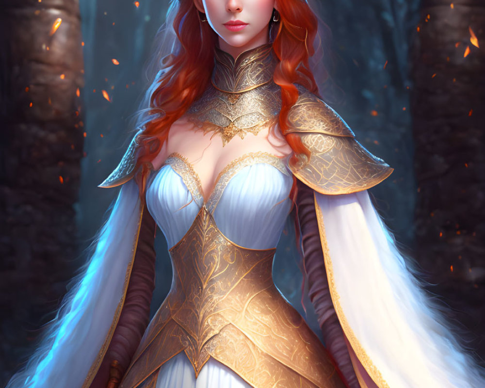 Regal woman with fiery red hair in golden armor in mystical forest