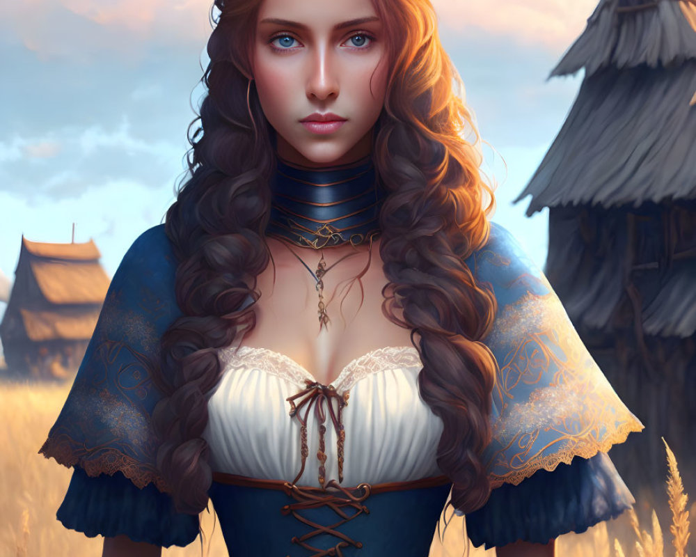 Digital artwork: Woman with long curly hair, blue eyes, historical dress, lace details, in front