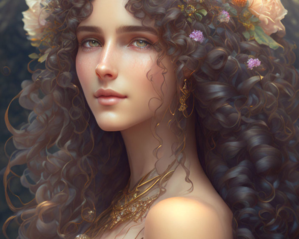 Young woman with curly hair and floral adornments in digital portrait against woodland backdrop