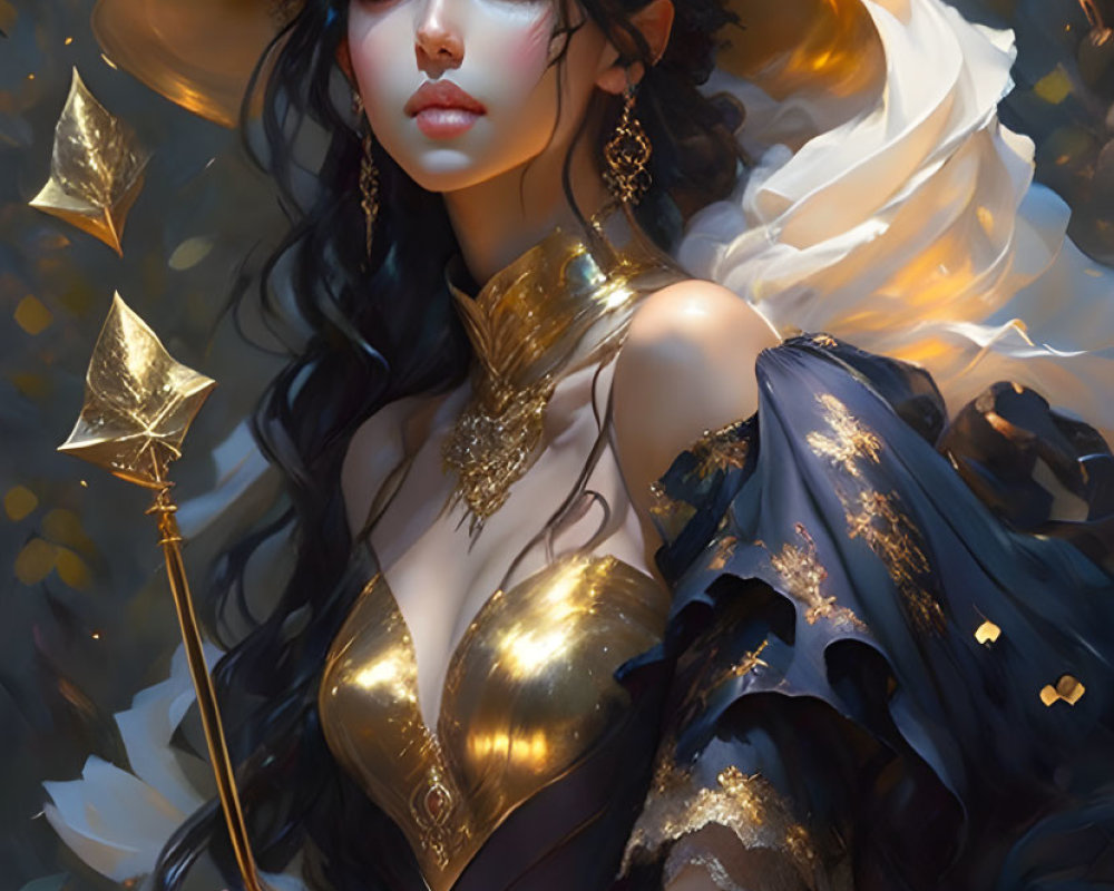 Fantasy illustration of mystical woman in golden starry outfit