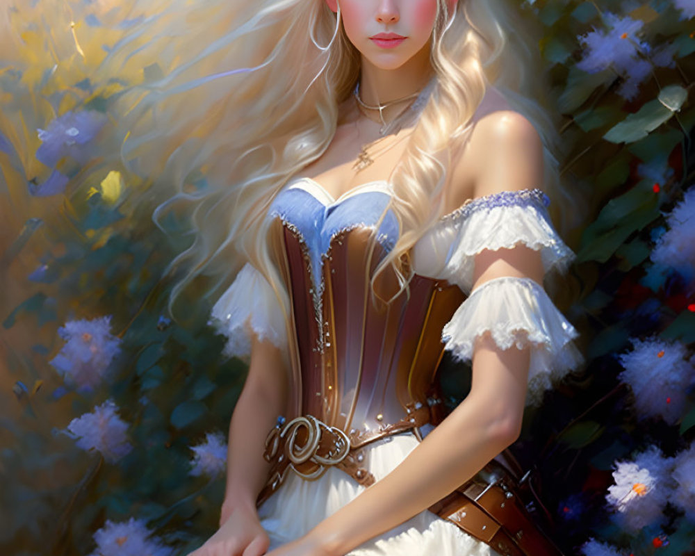 Fantasy illustration of an elfin woman with long blond hair and floral circlet in medieval-style dress