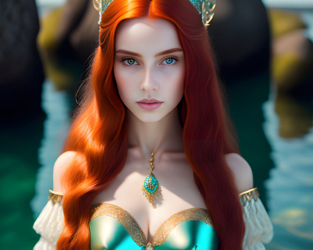 Red-Haired Queen in Golden Crown and Teal Attire by Clear Blue Water