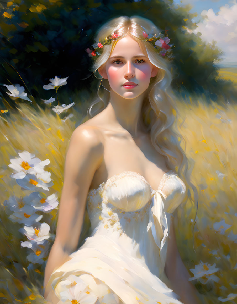 Woman with Flower Wreath in White Flower Field wearing White Dress