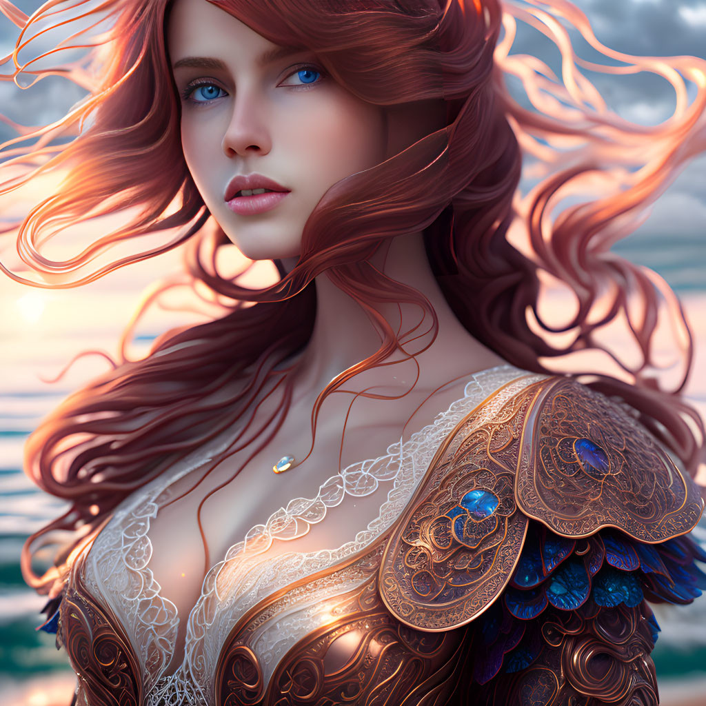 Digital artwork of woman with red hair and blue eyes in ornate armor against natural backdrop