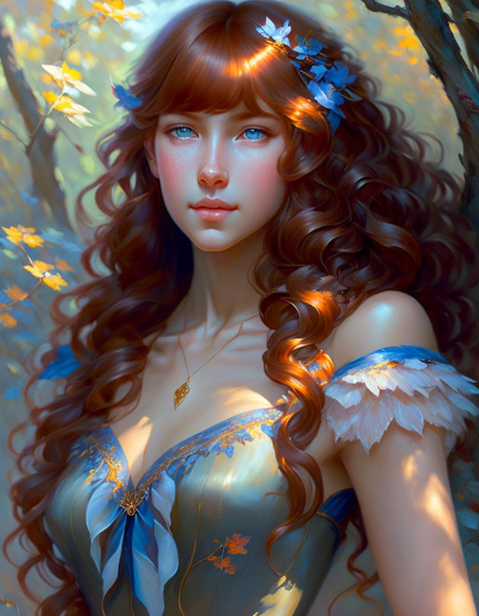 Woman with Curly Brown Hair and Blue Floral Adornments in Golden Leafy Setting