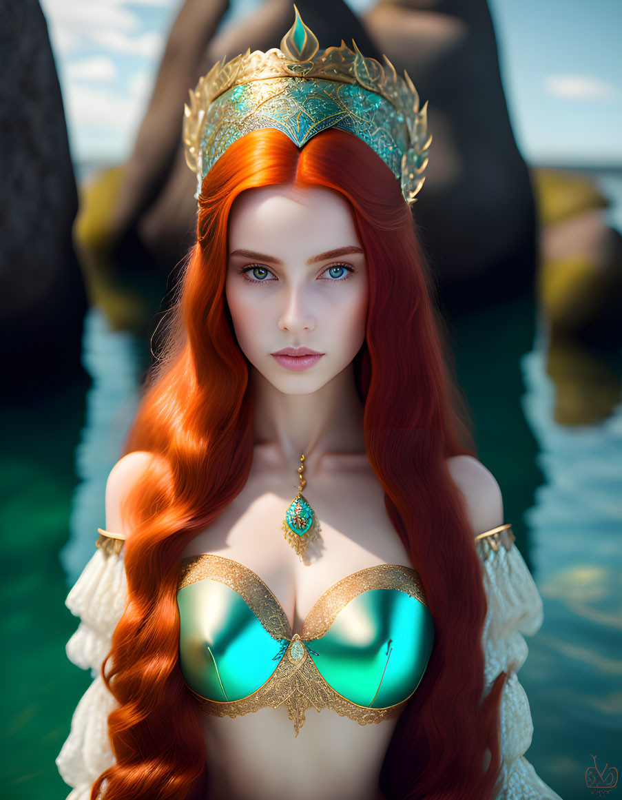 Red-Haired Queen in Golden Crown and Teal Attire by Clear Blue Water