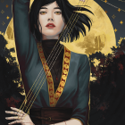 Fantasy illustration of mystical woman in golden starry outfit