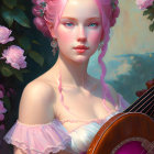 Digital artwork: Woman with pink hair playing harp in flower-filled setting