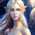 Ethereal elf in golden armor with leaf-shaped earrings in a blue forest