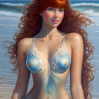 Illustrated woman with red hair in blue bikini by ocean