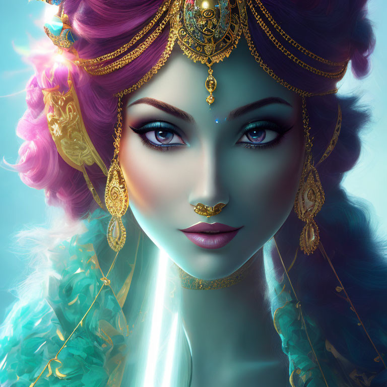 Violet-skinned woman with multi-colored hair and golden jewelry in digital artwork