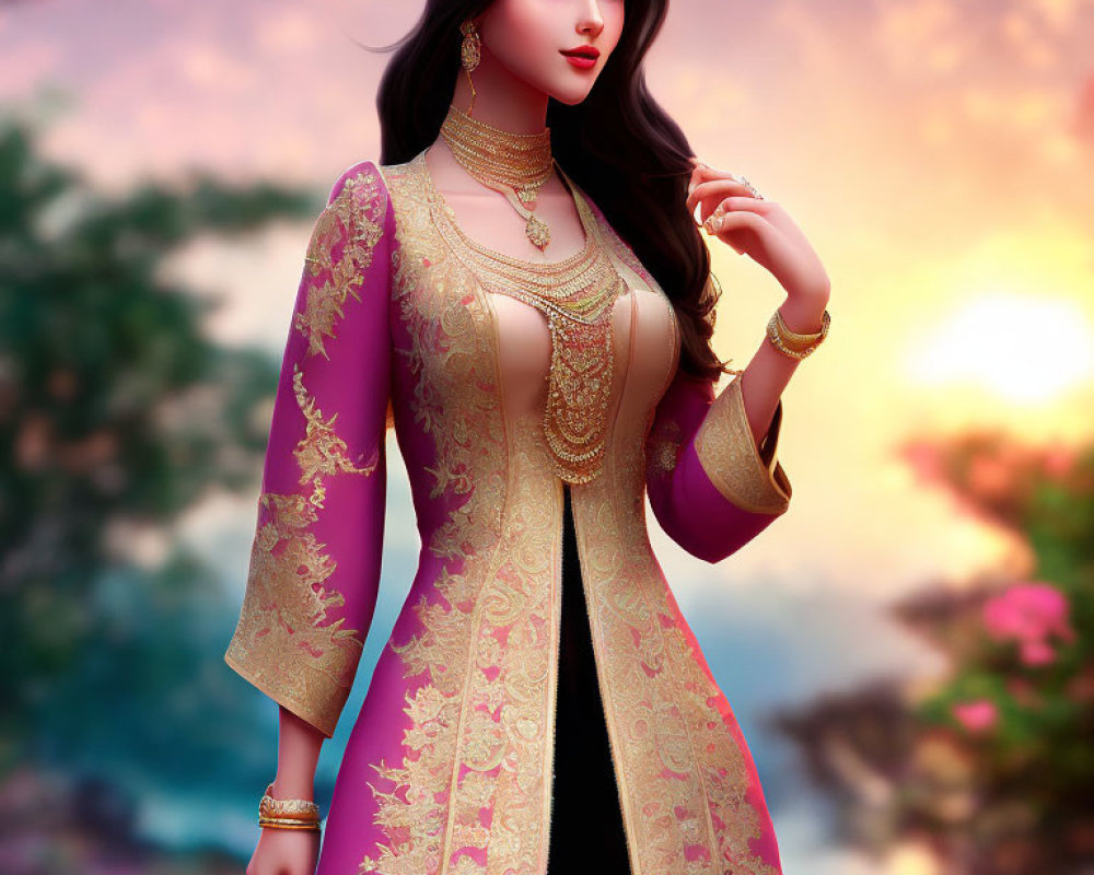 Traditional Attire Woman in Gold Jewelry Against Sunset Background
