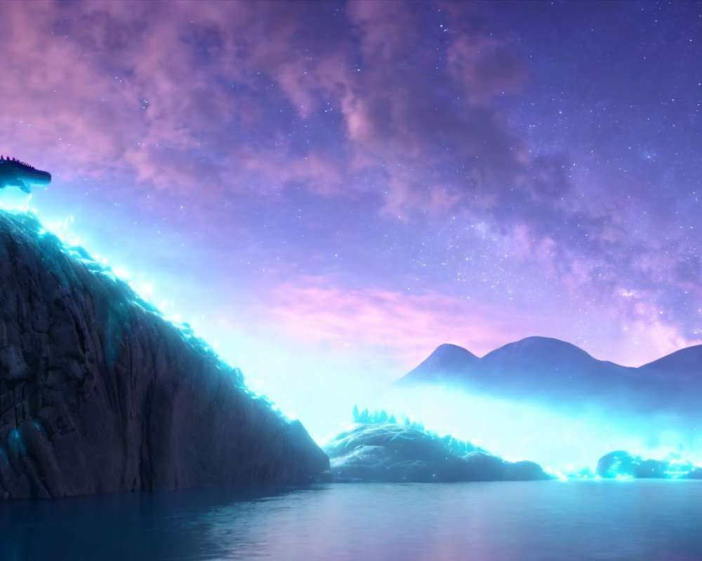 Enchanting night landscape with glowing river and mysterious creature