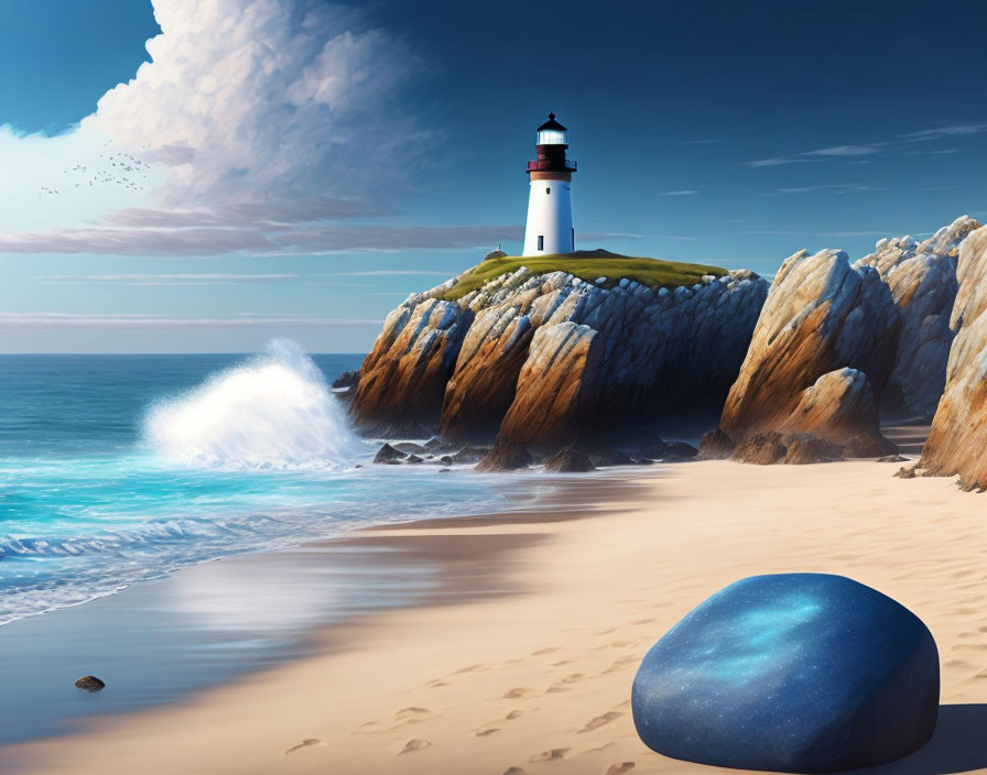 Tranquil beach with lighthouse, cliffs, blue stone, crashing waves, and cloudy sky