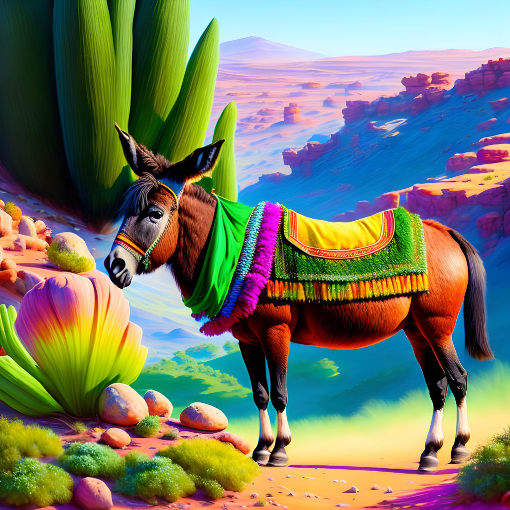 Colorful Donkey with Blanket in Fantastical Desert Scene
