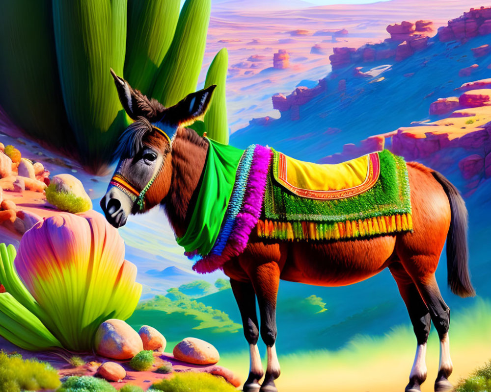 Colorful Donkey with Blanket in Fantastical Desert Scene
