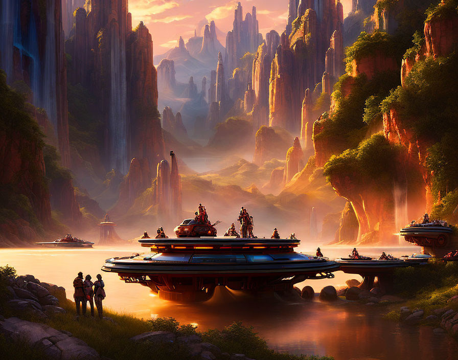 Fantasy landscape with rock formations, glowing river, futuristic ships, and figures at sunset