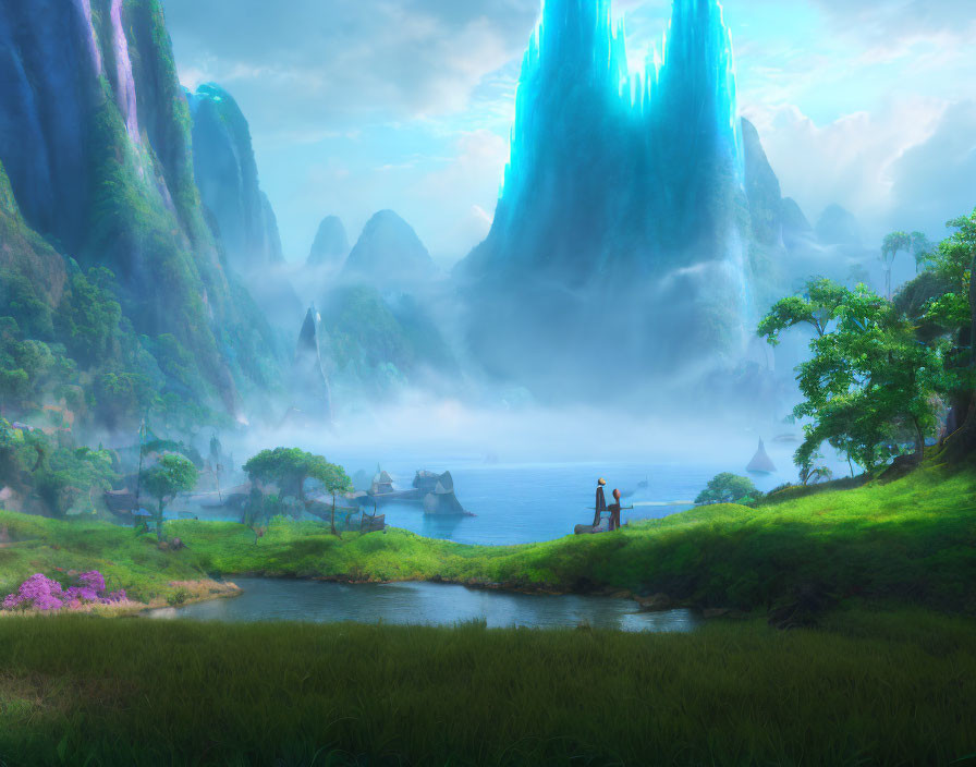 Tranquil fantasy landscape with lush greenery, pond, misty waters, and crystalline mountains