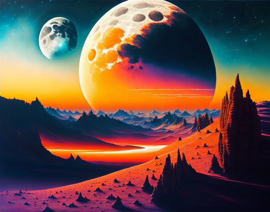 Surreal sci-fi landscape with celestial bodies above orange and blue terrain