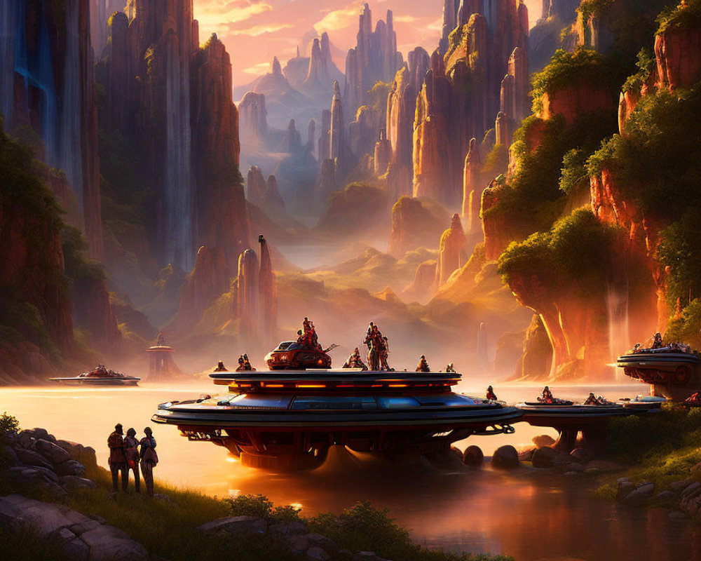 Fantasy landscape with rock formations, glowing river, futuristic ships, and figures at sunset