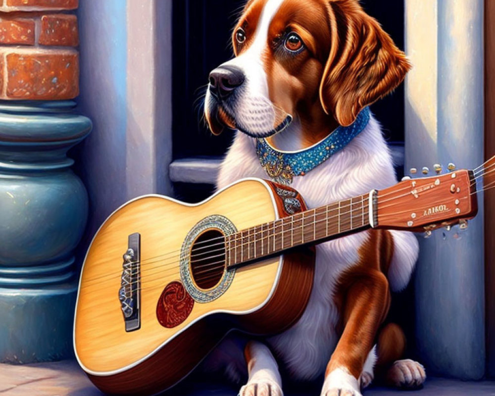 Brown and White Dog with Blue Collar Next to Acoustic Guitar and Brick Wall