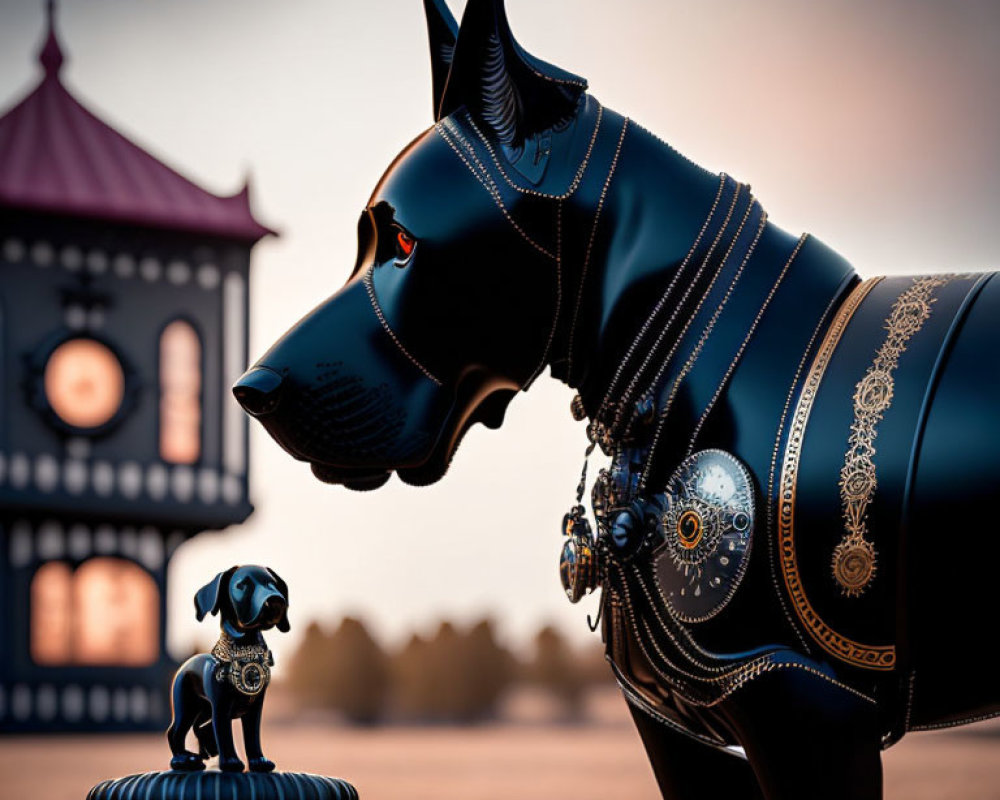 Ornate black dog figurines in warm-hued setting
