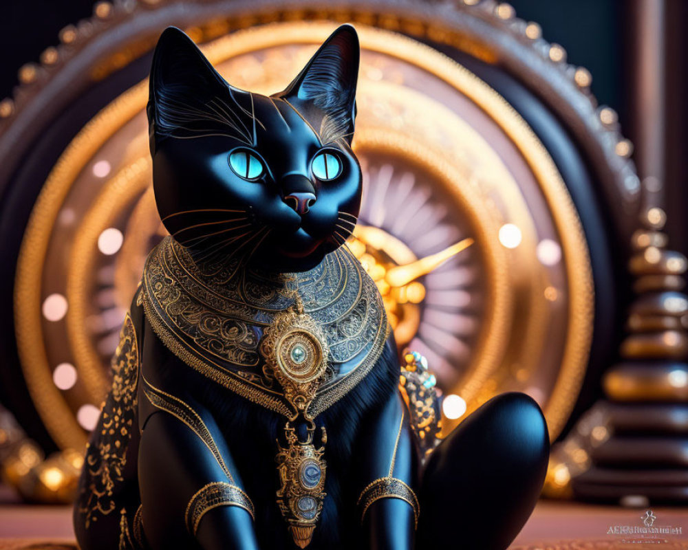 Black Cat Figurine with Blue Eyes and Gold Jewelry on Abstract Background