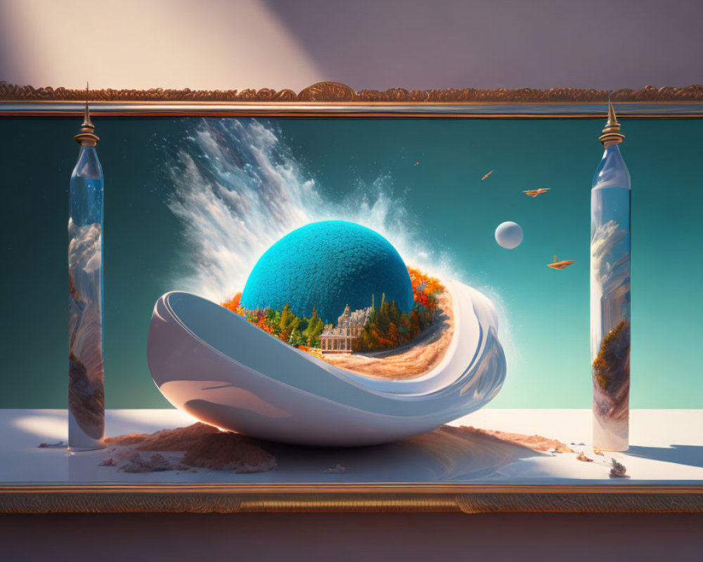 Surreal artwork: pearl sphere, lush landscape, glass vessels, cosmic backdrop, sandy surface