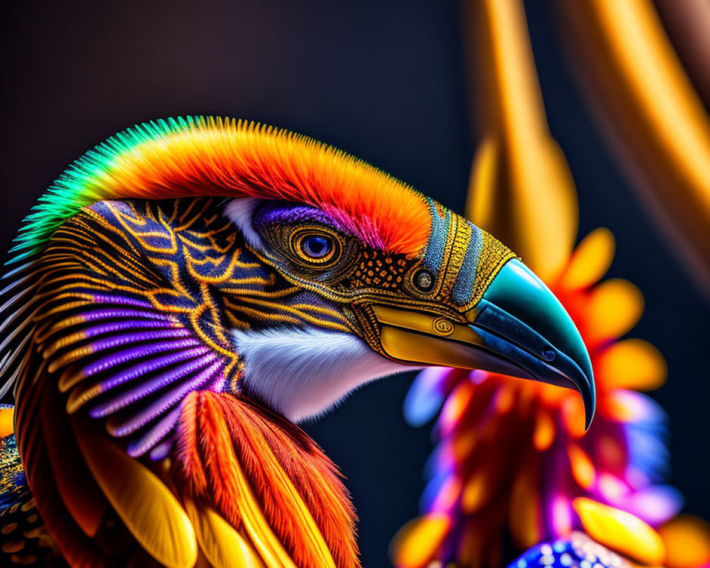 Vibrantly patterned bird with iridescent feathers on dark background