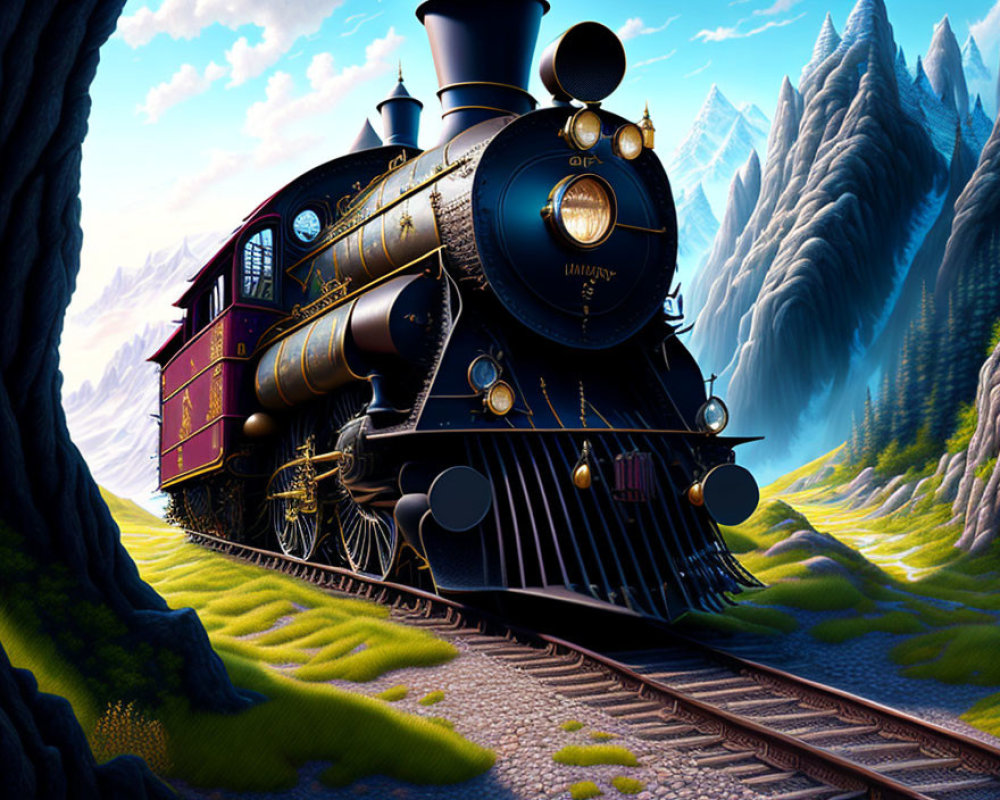 Detailed vintage black train on tracks in fantastical landscape