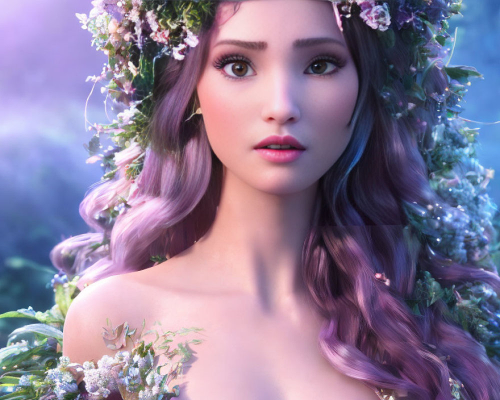 Digital Artwork: Woman with Violet Hair and Floral Crown in Mystical Forest