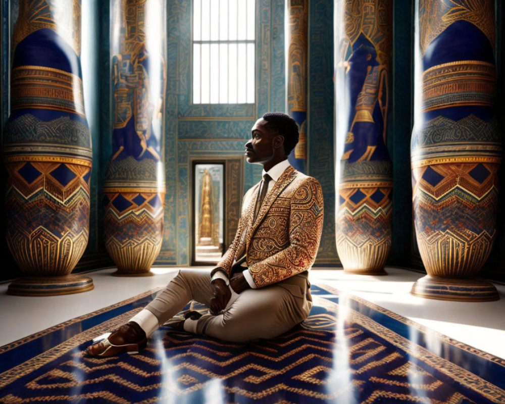 Man in ornate jacket surrounded by Egyptian-style art and tall vases.