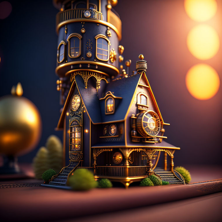 Steampunk-themed digital artwork of miniature house with gears and pipes under dusky sky