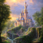 Enchanting Castle with Multiple Spires in Forested Landscape at Sunset