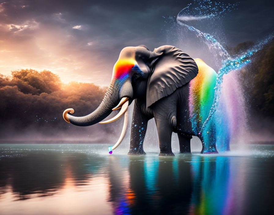 Colorful elephant at water's edge with mystical mist in dusky landscape