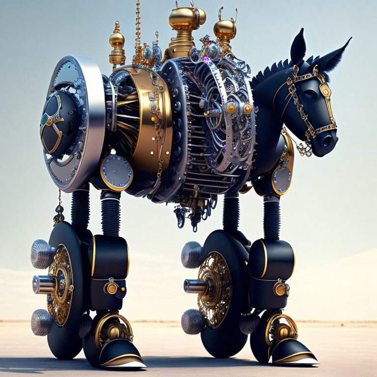 Intricate mechanical horse with gears in desert setting
