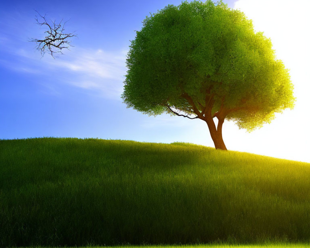 Vibrant image of lush green tree on sunlit hill with stark leafless tree in background