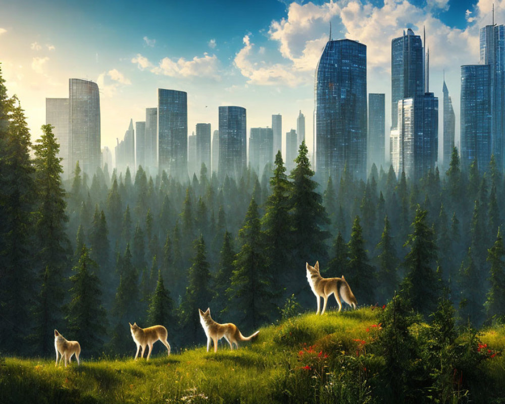 Pack of Wolves in Lush Green Forest with Skyscrapers in Background