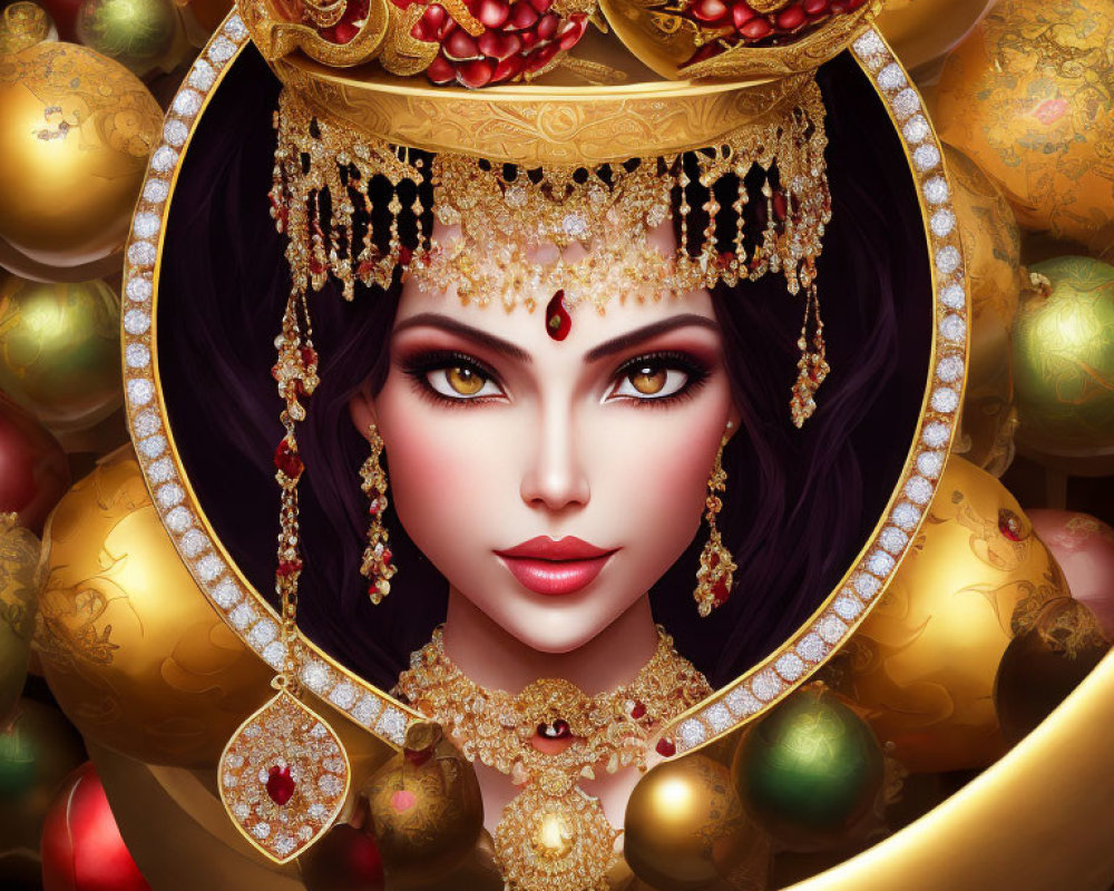 Woman with Violet Eyes in Luxurious Golden Adornments and Orbs