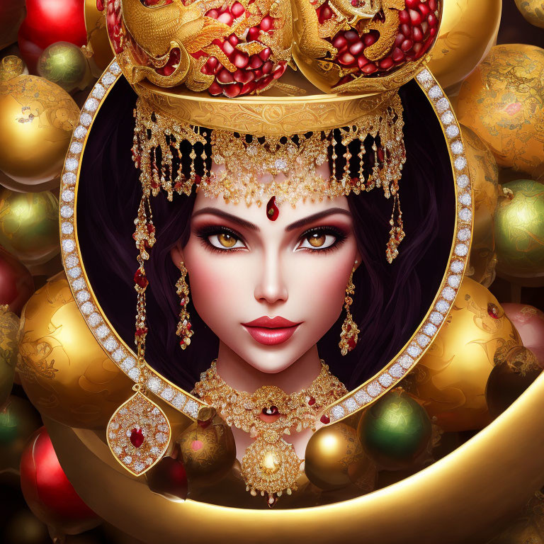 Woman with Violet Eyes in Luxurious Golden Adornments and Orbs