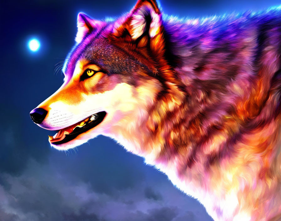 Vibrant digital art: wolf under night sky with bright moon