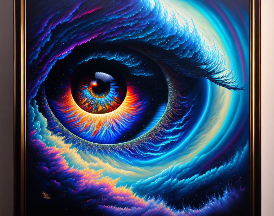 Hyper-realistic eye painting with colorful nebula swirls in surreal sky