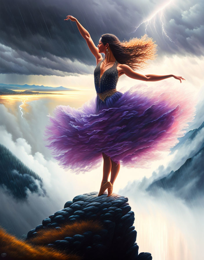 Woman in elegant gown on mountain peak with outstretched arm amidst lightning and sunset.