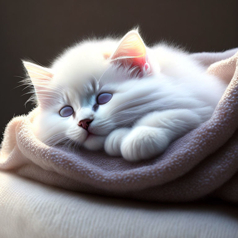 White Cat with Blue Eyes Cuddled in Beige Blanket